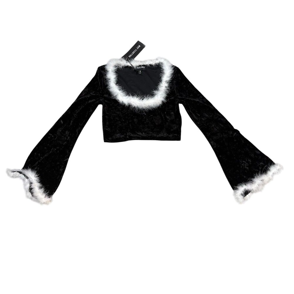 Trickz N’ Treatz DollsKill Black Crushed Velvet Long Sleeve Feather Trim Size M